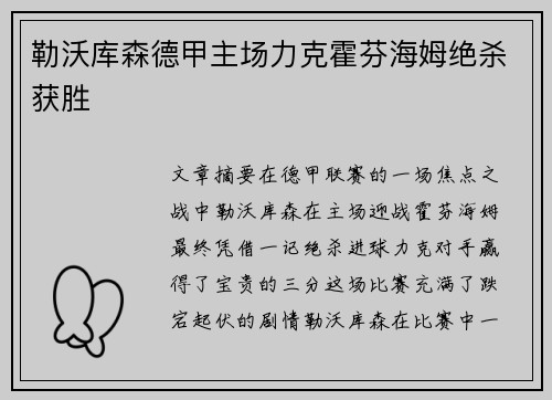 勒沃库森德甲主场力克霍芬海姆绝杀获胜 勒沃库森德甲主场力克霍芬海姆绝杀获胜